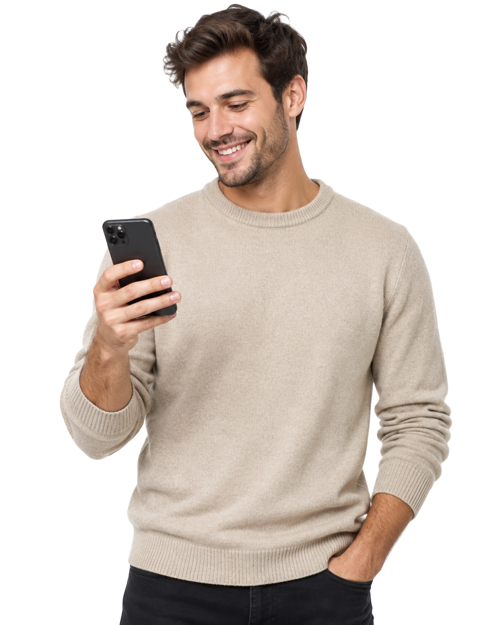 Smiling customer checking financing on his phone